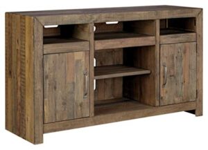 signature design by ashley sommerford rustic solid pine wood tv stand fits tvs up to 60″, 2 cabinets, 3 storage cubbies, 2 adjustable shelves, brown
