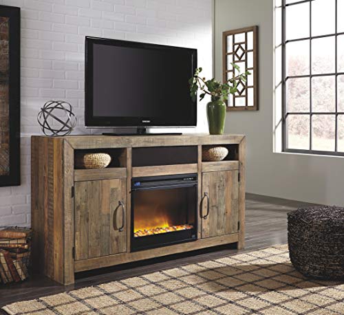 Signature Design by Ashley Sommerford Rustic Solid Pine Wood TV Stand Fits TVs up to 60", 2 Cabinets, 3 Storage Cubbies, 2 Adjustable Shelves, Brown