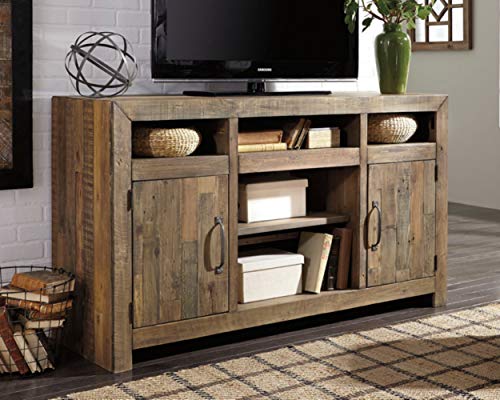 Signature Design by Ashley Sommerford Rustic Solid Pine Wood TV Stand Fits TVs up to 60", 2 Cabinets, 3 Storage Cubbies, 2 Adjustable Shelves, Brown