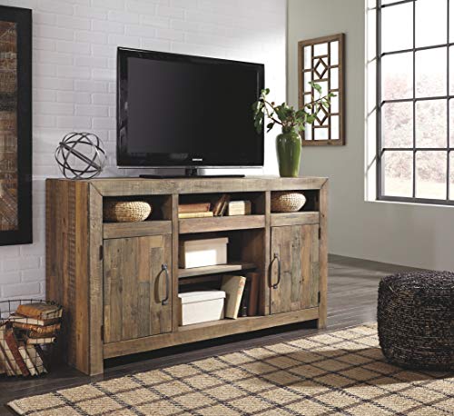 Signature Design by Ashley Sommerford Rustic Solid Pine Wood TV Stand Fits TVs up to 60", 2 Cabinets, 3 Storage Cubbies, 2 Adjustable Shelves, Brown