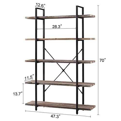 HOMISSUE 5-Tier Bookshelf，Vintage Industrial Book Shelf, Rustic Wood and Metal Bookcase and Bookshelves, Display Rack and Storage Shelf for Living Room Bedroom and Kitchen, Retro Brown