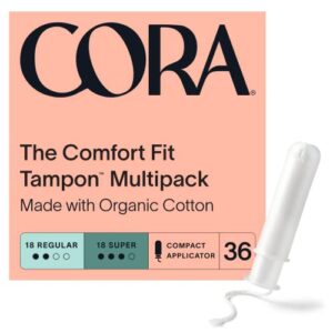 cora organic applicator tampons | regular/super absorbency | 100% cotton core, unscented, bpa-free compact applicator | leak protection, easy insertion, non-toxic | 36 tampons