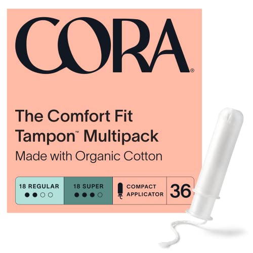 Cora Organic Applicator Tampons | Regular/Super Absorbency | 100% Cotton Core, Unscented, BPA-Free Compact Applicator | Leak Protection, Easy Insertion, Non-Toxic | 36 Tampons