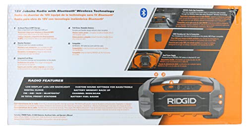 Ridgid R84087 18V Lithium Ion Cordless / Corded Jobsite Radio with Bluetooth, Aux, and AM/FM capabilities (AAA Battery and Aux Cord Included, 18V Battery Not Included)