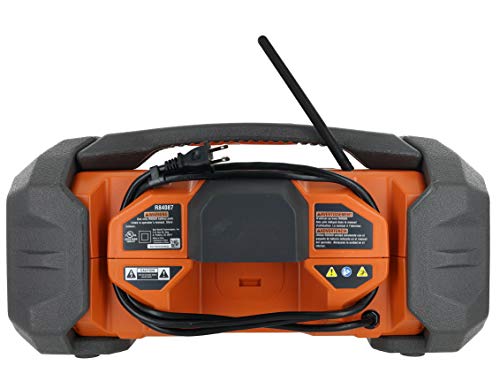 Ridgid R84087 18V Lithium Ion Cordless / Corded Jobsite Radio with Bluetooth, Aux, and AM/FM capabilities (AAA Battery and Aux Cord Included, 18V Battery Not Included)