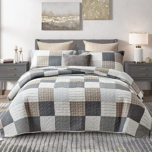 KALOOLA Quilts Queen Size, 100% Cotton Queen Quilt Bedding Set, Farmhouse Plaid Quilt Queen Size, Grey White Black Queen Quilt for All Seasons, 3 Pieces