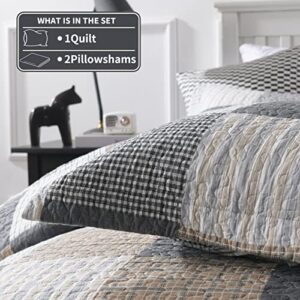 KALOOLA Quilts Queen Size, 100% Cotton Queen Quilt Bedding Set, Farmhouse Plaid Quilt Queen Size, Grey White Black Queen Quilt for All Seasons, 3 Pieces