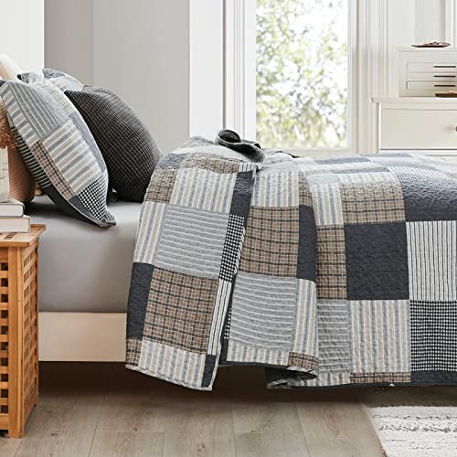 KALOOLA Quilts Queen Size, 100% Cotton Queen Quilt Bedding Set, Farmhouse Plaid Quilt Queen Size, Grey White Black Queen Quilt for All Seasons, 3 Pieces