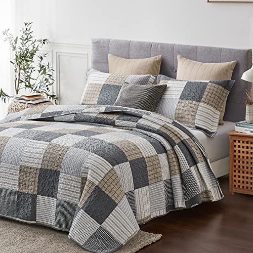 KALOOLA Quilts Queen Size, 100% Cotton Queen Quilt Bedding Set, Farmhouse Plaid Quilt Queen Size, Grey White Black Queen Quilt for All Seasons, 3 Pieces