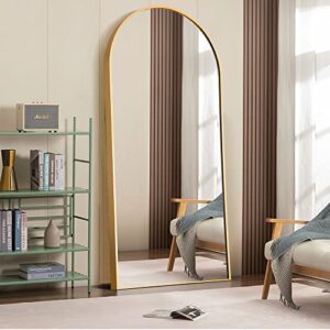 neutype arched full length mirror standing hanging or leaning against wall, oversized large bedroom mirror floor mirror dressing mirror, aluminum alloy thin frame, gold, 71″x32″