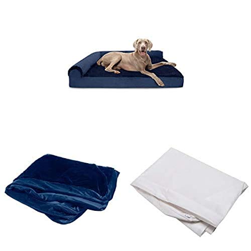 Furhaven Pet Bundle - Jumbo Plus Deep Sapphire Deluxe Memory Foam Plush Faux Fur & Velvet L Shaped Chaise, Extra Dog Bed Cover, & Water-Resistant Mattress Liner for Dogs & Cats