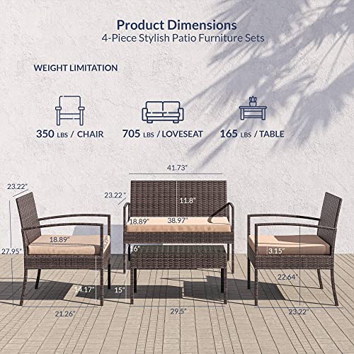 BELLEZE Patio Furniture Set 4 Pieces Outdoor Furniture Rattan Chairs and Table Wicker Sofa Garden Conversation Bistro Sets with Cushions for Porch Yard Pool or Backyard, Brown