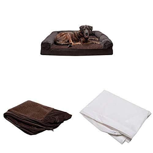 Furhaven Pet Bundle - Jumbo Plus Coffee Memory Foam Faux Fleece & Chenille Sofa, Extra Dog Bed Cover, & Water-Resistant Mattress Liner for Dogs & Cats