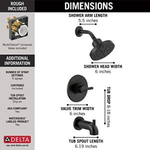 Delta Faucet Nicoli 14 Series Single-Handle Tub and Shower Trim Kit, Shower Faucet with 5-Spray H2Okinetic Shower Head, Matte Black 144749-BL (Shower Valve Included)