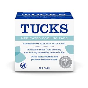 tucks medicated cooling pads, 100 count – hemorrhoid pads with witch hazel, cleanses sensitive areas, protects from irritation, hemorrhoid treatment, medicated pads used by hospitals