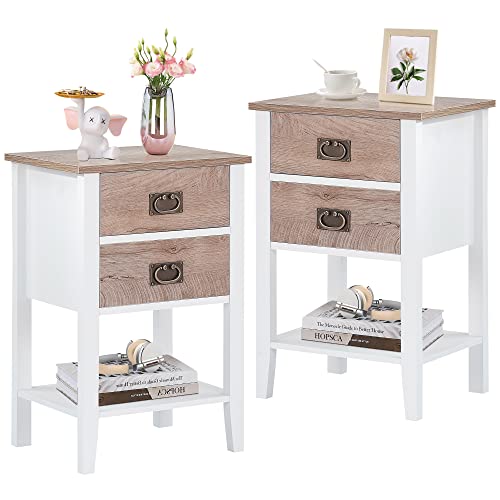 VECELO Nightstands Set of 2 End/Side Tables for Living Room Bedroom Bedside, Vintage Accent Furniture Small Space, Solid Wood Legs, Two Drawers, White & Oak