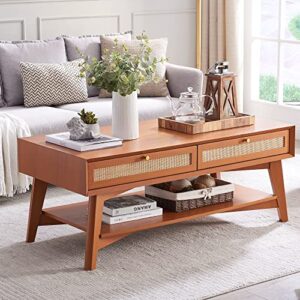 okd 48″ coffee table with natural rattan drawers, mid century modern 2-tier center table with open storage shelf, boho rectangular wood cocktail table for living room, cherry