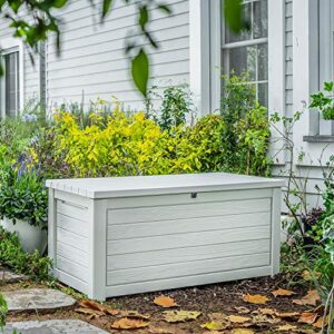 keter 165 gallon weather resistant resin deck storage container box outdoor patio garden furniture, white