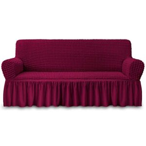 niceec sofa slipcover red sofa cover 1 piece easy fitted sofa couch cover universal high stretch durable furniture protector with skirt country style (3 seater wine red), large