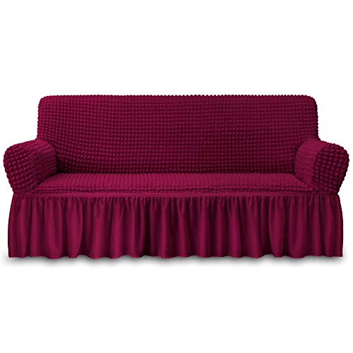 NICEEC Sofa Slipcover Red Sofa Cover 1 Piece Easy Fitted Sofa Couch Cover Universal High Stretch Durable Furniture Protector with Skirt Country Style (3 Seater Wine Red), Large