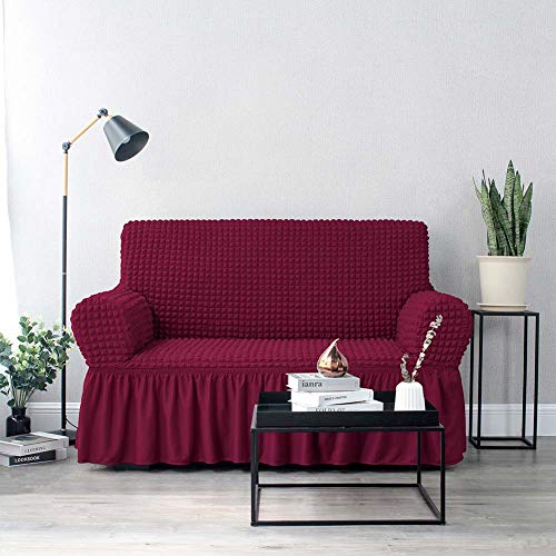 NICEEC Sofa Slipcover Red Sofa Cover 1 Piece Easy Fitted Sofa Couch Cover Universal High Stretch Durable Furniture Protector with Skirt Country Style (3 Seater Wine Red), Large