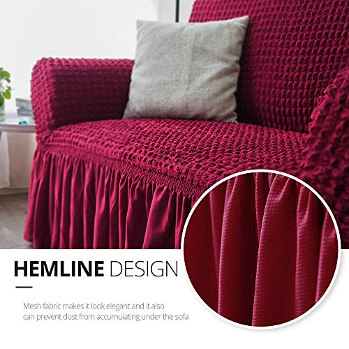 NICEEC Sofa Slipcover Red Sofa Cover 1 Piece Easy Fitted Sofa Couch Cover Universal High Stretch Durable Furniture Protector with Skirt Country Style (3 Seater Wine Red), Large