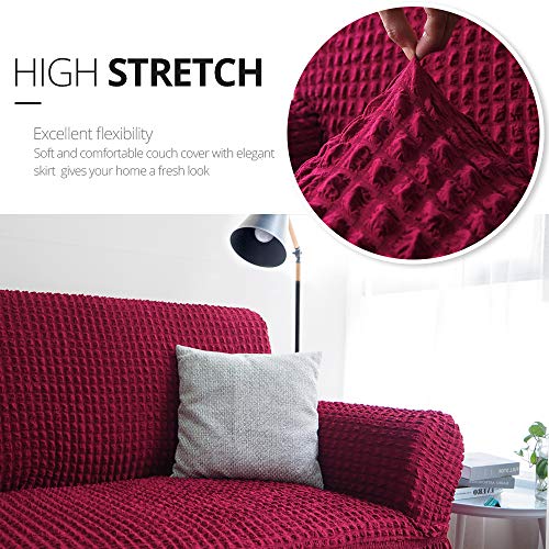 NICEEC Sofa Slipcover Red Sofa Cover 1 Piece Easy Fitted Sofa Couch Cover Universal High Stretch Durable Furniture Protector with Skirt Country Style (3 Seater Wine Red), Large