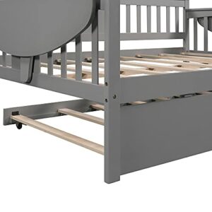 Solid Wood Daybed with 2 Folding Tables and Trundle, Full-Size Bed Frame Multi-Functional Daybed for Kids/Teens Bedroom/Guest Room Furniture, No Box Spring Required