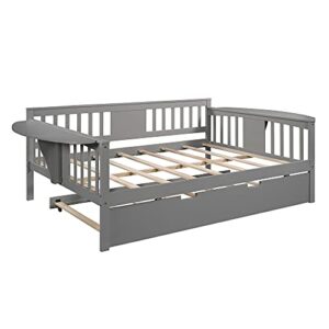 Solid Wood Daybed with 2 Folding Tables and Trundle, Full-Size Bed Frame Multi-Functional Daybed for Kids/Teens Bedroom/Guest Room Furniture, No Box Spring Required