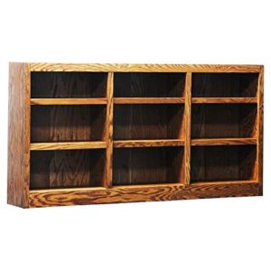 traditional 36″ tall 9-shelf triple wide wood bookcase in dry oak