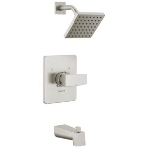 delta faucet modern brushed nickel tub and shower trim kit, shower faucet with single-spray touch-clean shower head, stainless t14467-ss-pp (valve not included)