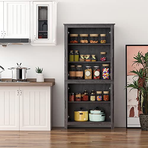 HOMCOM 64" 4-Door Kitchen Pantry, Freestanding Storage Cabinet with 3 Adjustable Shelves for Kitchen, Dining or Living Room, Grey