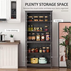 HOMCOM 64" 4-Door Kitchen Pantry, Freestanding Storage Cabinet with 3 Adjustable Shelves for Kitchen, Dining or Living Room, Grey