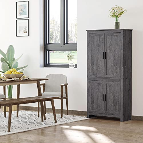 HOMCOM 64" 4-Door Kitchen Pantry, Freestanding Storage Cabinet with 3 Adjustable Shelves for Kitchen, Dining or Living Room, Grey