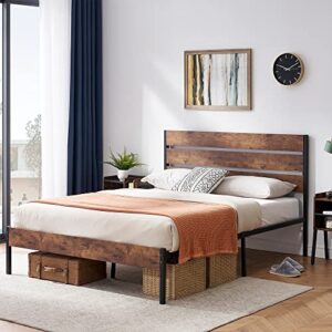 vecelo platform queen bed frame with rustic vintage wood headboard, mattress foundation, strong metal slats support, no box spring needed