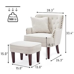 HUIMO Accent Chair with Ottoman and Pillow, Living Room Club Chair and Ottoman Set with Bronzer Nail Head Trim Wooden Legs, Comfy Reading Chair for Bedroom, Upholstered Button Tufted Armchair (Beige)