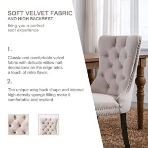 Qtivii Velvet Dining Chairs Set of 6, Tufted Dining Room Chairs with Button Back, Nailhead Trim, Upholstered Dining Chairs for Kitchen, Bedroom, Restaurant (Beige)