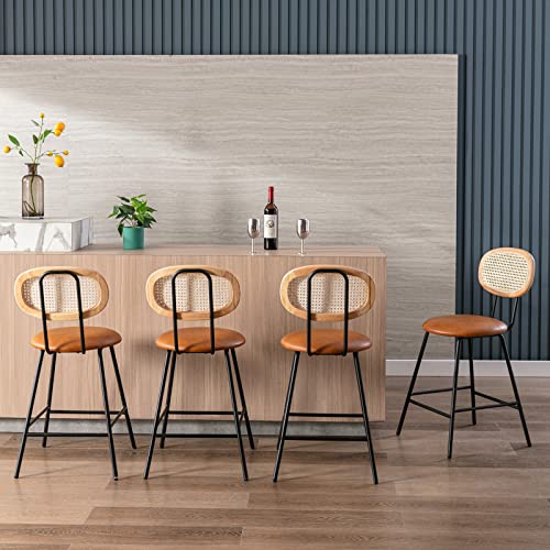 Amadi Counter Stools Rattan Back Dining Chair,Indoor Faux Leather Bar Stools Set of 4,Armless Dining Chairs with Rattan Backrest,Modern Metal Counter Height Barstools for Home Whiskey Brown,24"