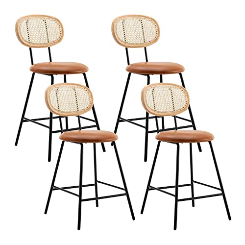 Amadi Counter Stools Rattan Back Dining Chair,Indoor Faux Leather Bar Stools Set of 4,Armless Dining Chairs with Rattan Backrest,Modern Metal Counter Height Barstools for Home Whiskey Brown,24"