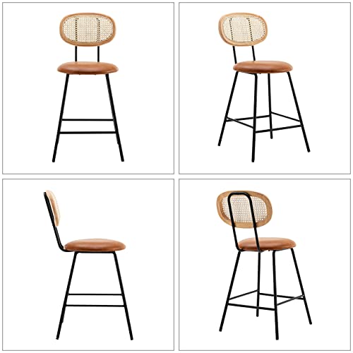 Amadi Counter Stools Rattan Back Dining Chair,Indoor Faux Leather Bar Stools Set of 4,Armless Dining Chairs with Rattan Backrest,Modern Metal Counter Height Barstools for Home Whiskey Brown,24"