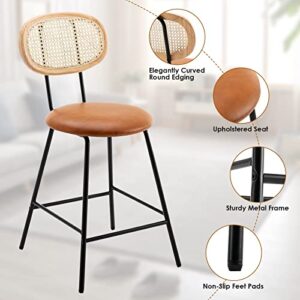 Amadi Counter Stools Rattan Back Dining Chair,Indoor Faux Leather Bar Stools Set of 4,Armless Dining Chairs with Rattan Backrest,Modern Metal Counter Height Barstools for Home Whiskey Brown,24"