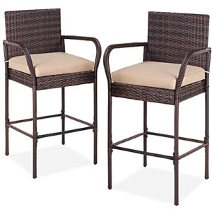 best choice products set of 2 wicker bar stools, indoor outdoor bar height chairs w/cushion, footrests, armrests for backyard, patio, pool, garden, deck – brown
