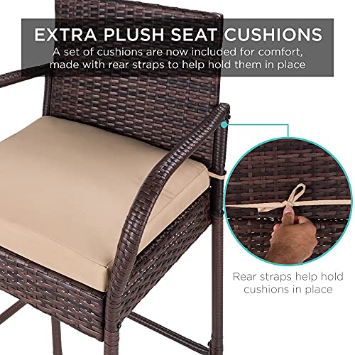 Best Choice Products Set of 2 Wicker Bar Stools, Indoor Outdoor Bar Height Chairs w/Cushion, Footrests, Armrests for Backyard, Patio, Pool, Garden, Deck - Brown