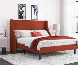 allewie queen bed frame, platform bed frame queen size with upholstered headboard, modern deluxe wingback, wood slat support, mattress foundation, burnt orange