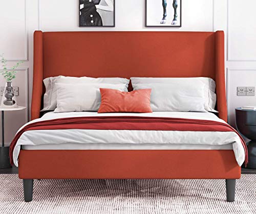 Allewie Queen Bed Frame, Platform Bed Frame Queen Size with Upholstered Headboard, Modern Deluxe Wingback, Wood Slat Support, Mattress Foundation, Burnt Orange