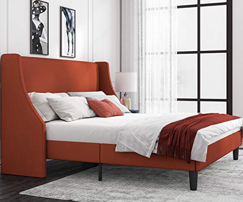 Allewie Queen Bed Frame, Platform Bed Frame Queen Size with Upholstered Headboard, Modern Deluxe Wingback, Wood Slat Support, Mattress Foundation, Burnt Orange