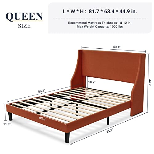 Allewie Queen Bed Frame, Platform Bed Frame Queen Size with Upholstered Headboard, Modern Deluxe Wingback, Wood Slat Support, Mattress Foundation, Burnt Orange