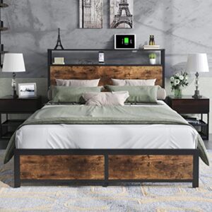 catrimown queen bed frame with storage headboard platform bed frame queen size with 2 tier headboard industrial wood queen bed frames no box spring needed noise free, rustic brown (queen)