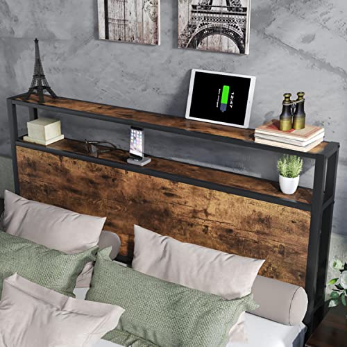 Catrimown Queen Bed Frame with Storage Headboard Platform Bed Frame Queen Size with 2 Tier Headboard Industrial Wood Queen Bed Frames No Box Spring Needed Noise Free, Rustic Brown (Queen)