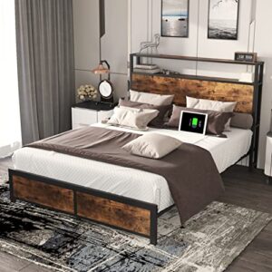 Catrimown Queen Bed Frame with Storage Headboard Platform Bed Frame Queen Size with 2 Tier Headboard Industrial Wood Queen Bed Frames No Box Spring Needed Noise Free, Rustic Brown (Queen)